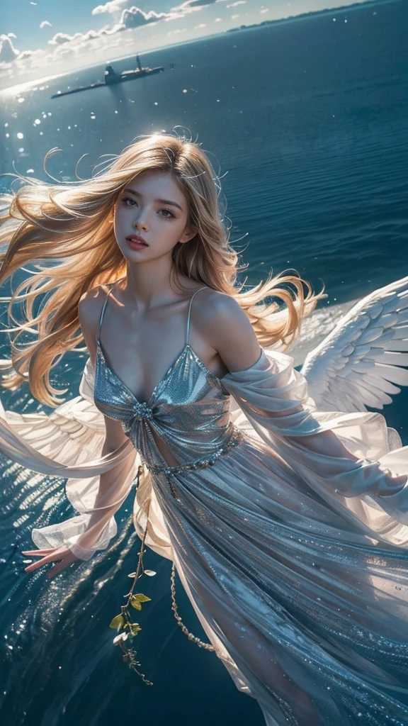 ((A serene summer scene with an ultra-high-definition, realistic angel flying gracefully in the sky)), The angel is facing towards the camera with lifelike facial features and detailed textures, The angel has intricately detailed white wings, fully extended as it soars through the air in an elegant, natural pose, The angel has platinum blonde hair flowing gently in the wind, with realistic light reflections and highlights, emphasizing the sensation of movement, The angel is dressed in a flowing white outfit, adding a sense of purity and grace, The angel holds a silver staff, adding a touch of mystique and power, The theme color of the scene is blue, reflected in the angel's attire, the sky, and the overall color palette The background features a clear summer sky with a soft, highly detailed rainbow arching across it, enhancing the feeling of wonder and beauty, ((The scene takes place in a celestial world, with floating islands and ethereal clouds, adding a magical and otherworldly atmosphere Soft, white clouds accompany the rainbow, adding depth to the sky)), Below, a green land and blue ocean are visible from a high angle, with realistic lighting and shadows, The landscape features gently rolling hills and a distant, vividly detailed sea, as seen from a high vantage point in this sky-bound world, The image is captured in a vertical 9:16 aspect ratio, emphasizing ultra-realistic textures, depth, and the dynamic nature of flight in a heavenly realm,"full-body shot","elegant attire"