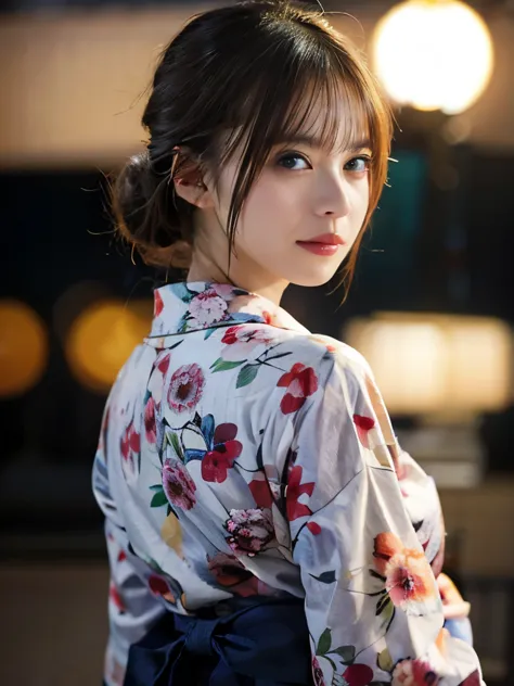 (masterpiece, highest quality:1.4), beautiful face, 8k, 85mm, floral yukata:1.4), beautiful woman looking back、delicate girl, al...