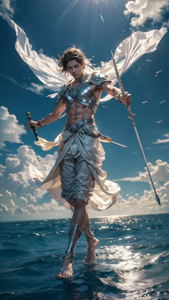 In his left hand he holds a silver spear,barefoot，Clouds are floating