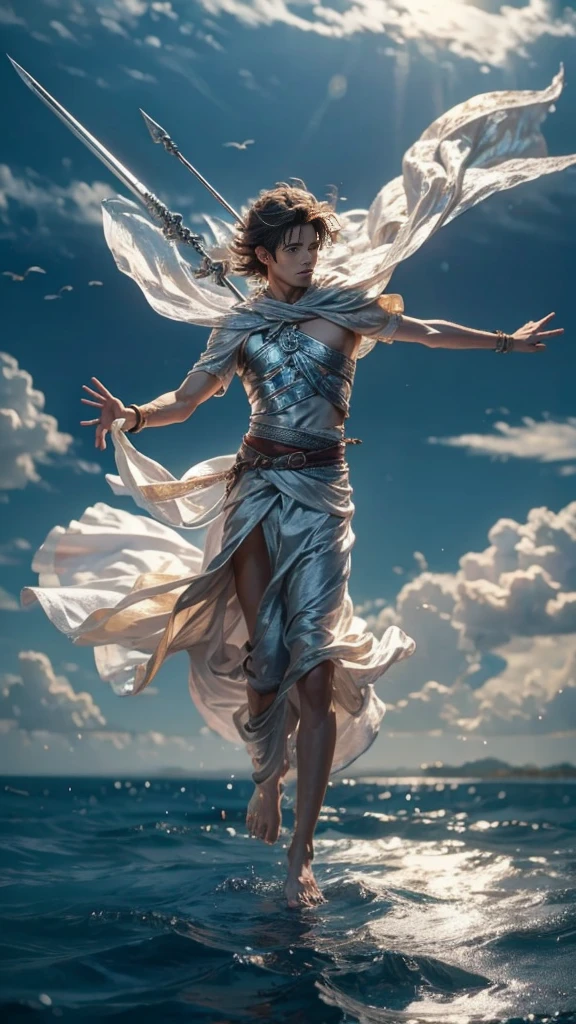 In his left hand he holds a silver spear,barefoot，Clouds are floating