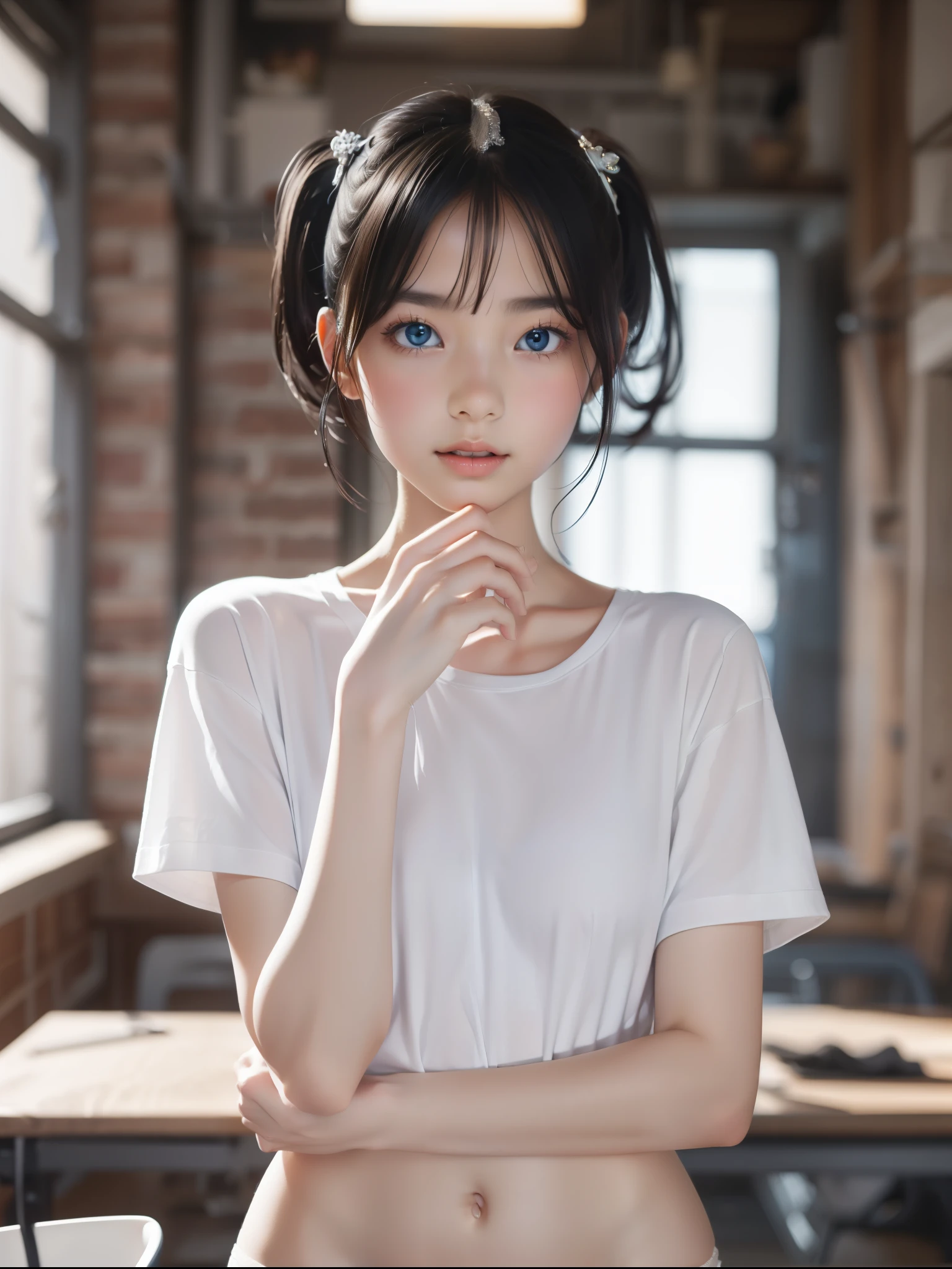 blue eyes,Highest quality,High resolution,unity 8k wallpaper,(shape:0.8),(Beautiful and exquisite:1.6),Detailed face,Perfect lighting,Detailed CG,(Perfect hands, Perfect Anatomy),Female student,White shirt,(White panties:1.0),Black Hair、Twin tails、Cut off,Shirt Tag Pose,whole body