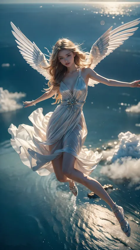 ((a serene summer scene with an ultra-high-definition, realistic angel flying gracefully in the sky)), the angel is facing towar...