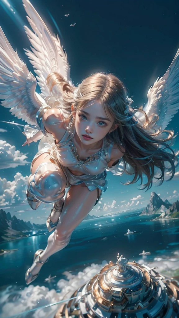 ((A serene summer scene with an ultra-high-definition, realistic angel flying gracefully in the sky)), The angel is facing towards the camera with lifelike facial features and detailed textures, The angel has intricately detailed white wings, fully extended as it soars through the air in an elegant, natural pose, The angel has platinum blonde hair flowing gently in the wind, with realistic light reflections and highlights, emphasizing the sensation of movement, The angel is dressed in a flowing white outfit, adding a sense of purity and grace, The angel holds a silver staff, adding a touch of mystique and power, The theme color of the scene is blue, reflected in the angel's attire, the sky, and the overall color palette The background features a clear summer sky with a soft, highly detailed rainbow arching across it, enhancing the feeling of wonder and beauty, ((The scene takes place in a celestial world, with floating islands and ethereal clouds, adding a magical and otherworldly atmosphere Soft, white clouds accompany the rainbow, adding depth to the sky)), Below, a green land and blue ocean are visible from a high angle, with realistic lighting and shadows, The landscape features gently rolling hills and a distant, vividly detailed sea, as seen from a high vantage point in this sky-bound world, The image is captured in a vertical 9:16 aspect ratio, emphasizing ultra-realistic textures, depth, and the dynamic nature of flight in a heavenly realm,"full-body shot","elegant attire"