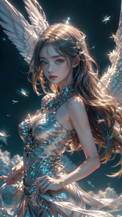 ((a serene summer scene with an ultra-high-definition, realistic angel flying gracefully in the sky)), the angel is facing towar...