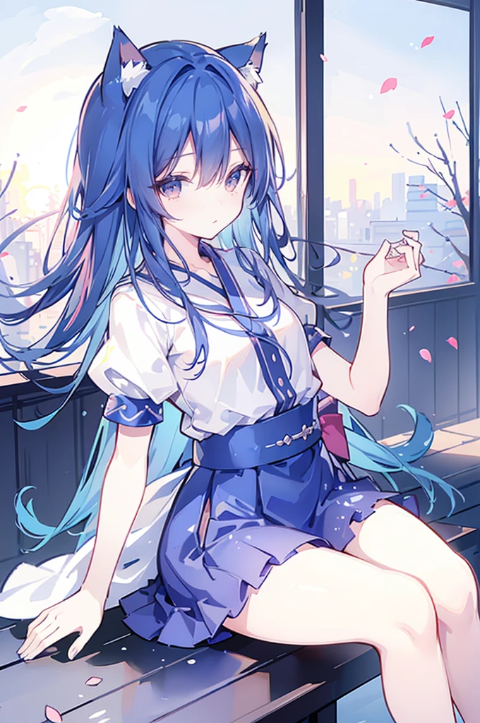 （masterpiece：1.2），Super detailed，lifelike，Expressive eyes，fair skin，perfect face shape，1 girl，
Japanese comics,Gorgeous blue hair,flowing blue hair,flowing clothes,Cat ears,Petals fall,beautiful lola,Baby Angel,
Shaking head with one hand，Cross your legs，，The pavilion is cool and comfortable,smile,back views,sunrise,Petals fall,sunrise，sitting on window sill drinking coffee and looking out the window。