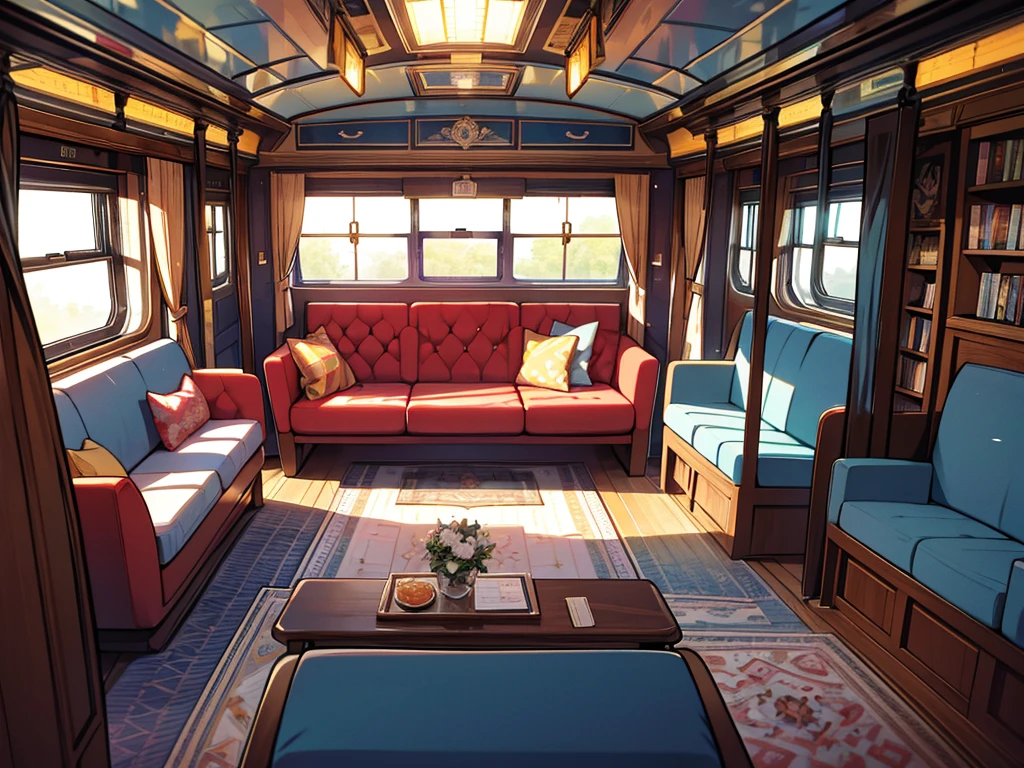 The train carriage is piled with books on the sofa, fruits and drinks on the dining table, luggage scattered around the carriage, bright, high-definition, brightly colored, and messy inside the carriage. Garbage is scattered all over the floor, and there is no one in the carriage. There are three windows on all sides