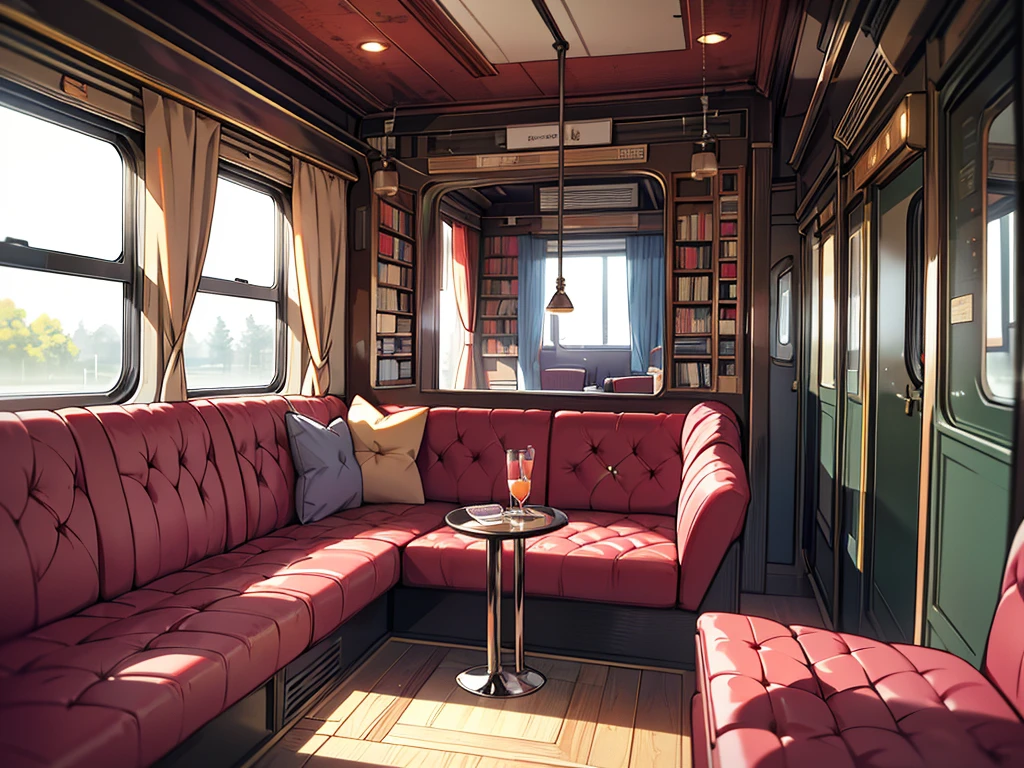 The train carriage is piled with books on the sofa, fruits and drinks on the dining table, luggage scattered around the carriage, bright, high-definition, brightly colored, and messy inside the carriage. Garbage is scattered all over the floor, and there is no one in the carriage. There are three windows on all sides