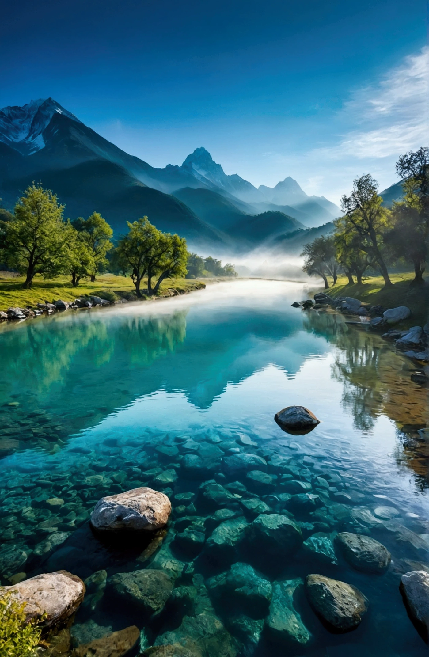 Morning Sunshine，teal hue，Stream water is clear and transparent，There are some mountains behind,Clouds and mist