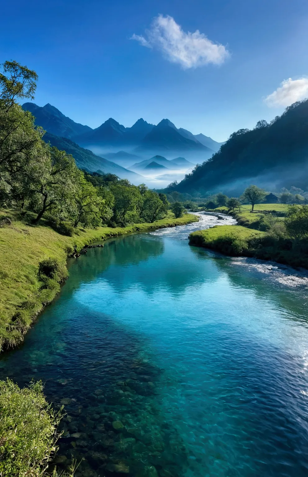 morning sunshine，teal hue，stream water is clear and transparent，there are some mountains behind,clouds and mist