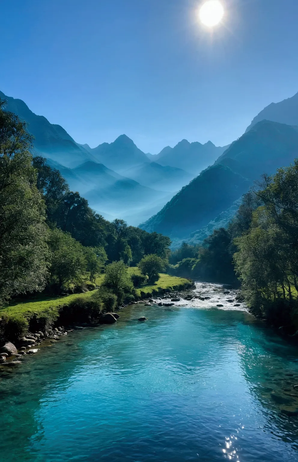 morning sunshine，teal hue，stream water is clear and transparent，there are some mountains behind,clouds and mist