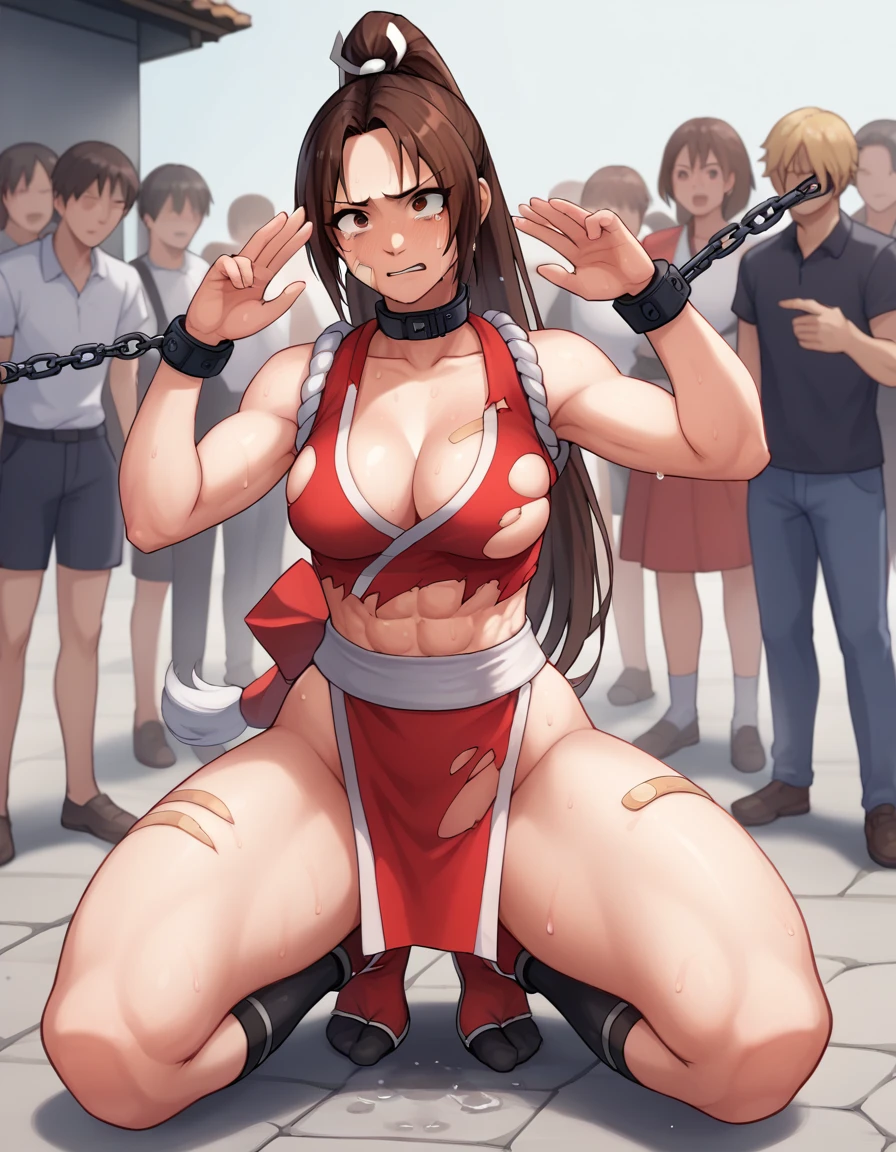 mai shiranui,, 、score_9, score_8_upper, score_7_upper, score_6_upper, score_5_upper, score_4_upper、Inspired by Japanese manga style, Manga style, How to draw manga, Digital drawing, An 8K masterpiece depicting a Japanese manga about girls in their twenties, Act as a slave, Anguished expression, A gesture of defeat, Torn clothes and black jilbab, Chained collar, spread, . Surrounded by a crowd of women. Face full of scars、Skin shiny with sweat、、 crying wet bursting out eyes, , ultra-detailed eyes,,expression of despair,Illumination that emphasizes shiny sweat{{{Spread }}},Infuriated, bandaid on face,tatteredclothing、full body,
. Six Pack Abs. Teary-eyed、Heartbroken、sniffle、downcast