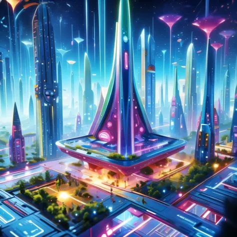 child-friendly future city design，technology，futuristic，children's style，disney style