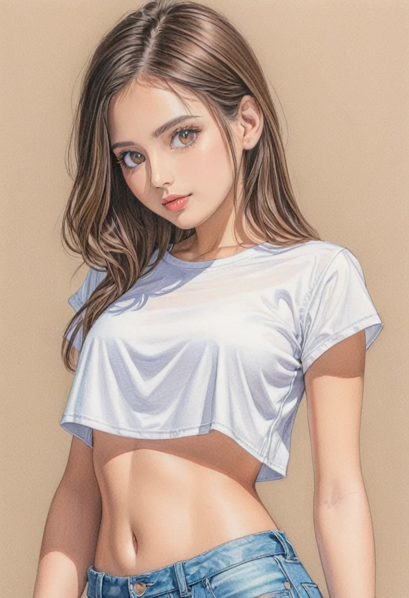  woman，Crop shirt，white，art，Colored pencil drawing，draft 