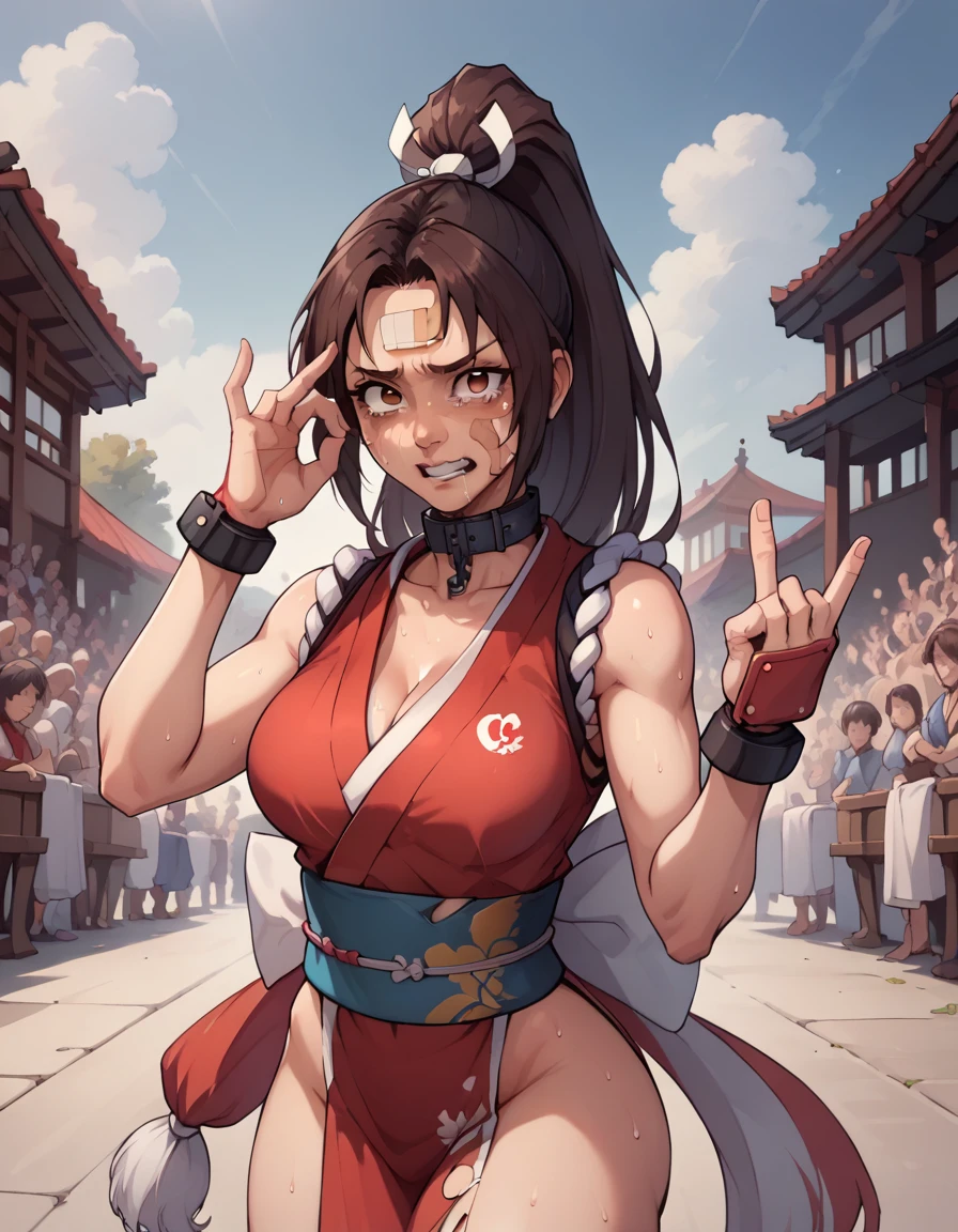 mai shiranui,, 、score_9, score_8_upper, score_7_upper, score_6_upper, score_5_upper, score_4_upper、Inspired by Japanese manga style, Manga style, How to draw manga, Digital drawing, An 8K masterpiece depicting a Japanese manga about girls in their twenties, Act as a slave, Anguished expression, A gesture of defeat, Torn clothes and black jilbab, Chained collar, spread, . Surrounded by a crowd of women. Face full of scars、Skin shiny with sweat、、 crying wet bursting out eyes, , ultra-detailed eyes,,expression of despair,Illumination that emphasizes shiny sweat{{{Spread }}},Infuriated, bandaid on face,tatteredclothing、full body,
. Six Pack Abs. Teary-eyed、Heartbroken、sniffle、downcast