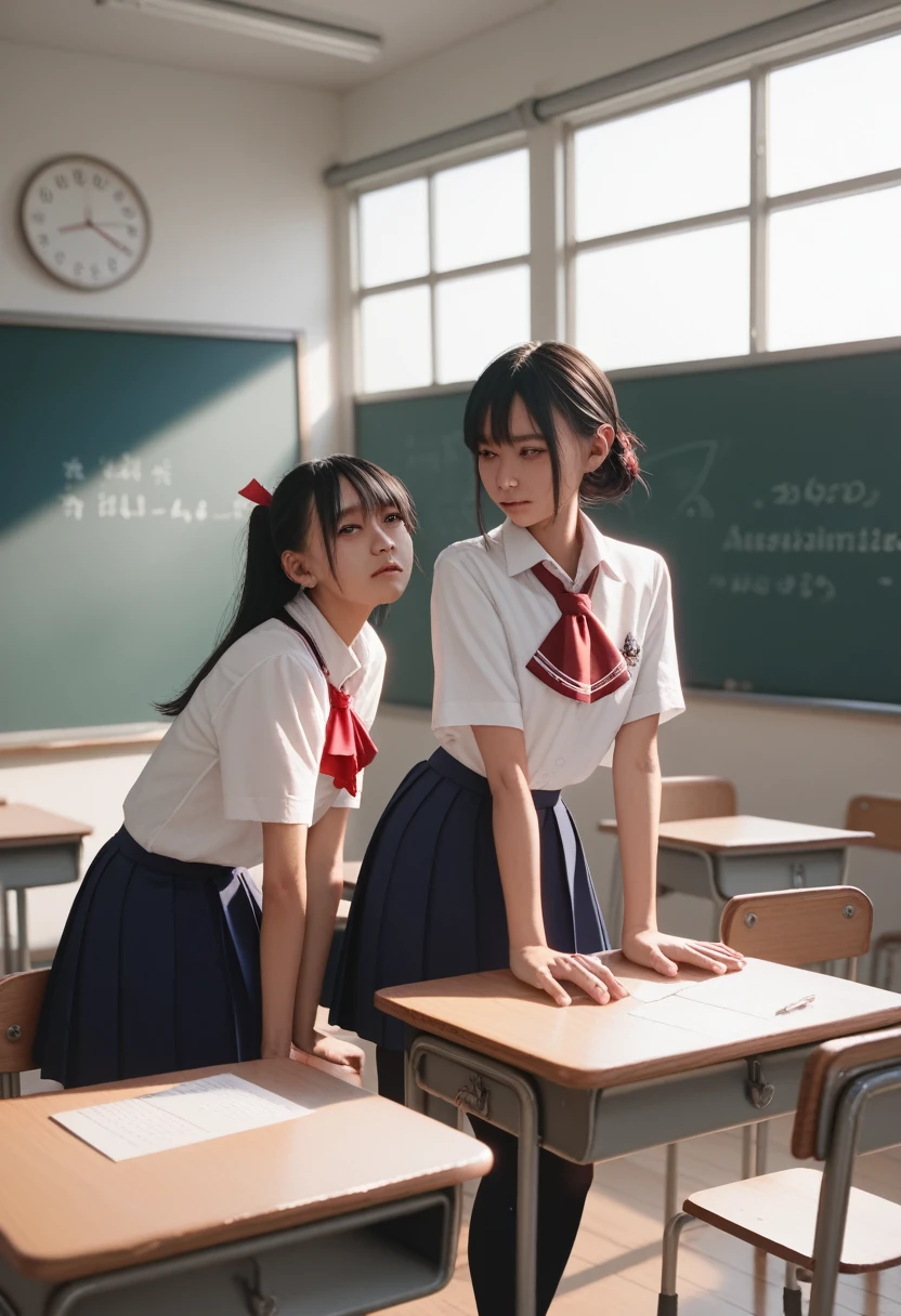 Two Girls,roromiya,ririchiyo,school uniform,Ascot, masterpiece, Highest quality、Communicate、Someone hugs me from behind、Classroom at Dusk