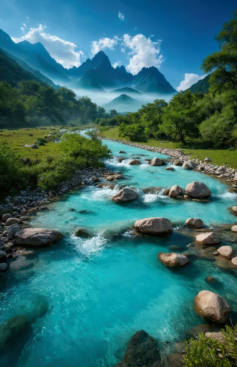 the stream water is turquoise and clear，there are some mountains behind,clouds and mist