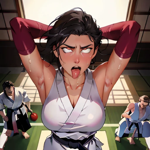 ((((masterpiece, best quality, high resolution)))), Extremely detailed 8K, 1 female, wearing a white Karate gi, (ahegao),white eyes, Small breasts, sash, japanese clothes,  No underwear,No eyeballs, Facing the audience, looking at the audience, tired, from below, (Exposed armpit:1.1), ((armpit:1.2)), sexy, Sweating, More and more sweat,(ahegao), (Roll your eyes),  open mouth, Sticking out tongue, saliva, Slobber,Skinny, raise arms, (arms above head:1.5)(Ultra HD, Ultra-detailed, Highly detailed, Highly realistic, Ultra-realistic, photograph realistic), (1girl:1.5), (Realistic black hair), (dynamic poses), facing at camera, looking at viewer, (slightly serious face), (perky breasts:1.2), (beautiful detailed face, beautiful detailed eyes), ((worn out karate gi)), (preparing for a fight), sweat, glow, (sunbeam, sunlight), ((cowboy shot)), inside a training gym, seductive, EnvyBetterHands LoCon,