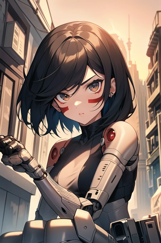 1girl, (masterpiece:1.3), high resolution), (8K), (extremely detailed), (4k), (pixiv), perfect face, nice eyes and face, (best quality), (super detailed), detailed face and eyes, (solo), textured skin, absurdres, highres, gallywz, red facepaint, bare shoulders, mechanical arms,(mechanical hands:1.1),  robot, facial mark, (bodysuit), (pants) ,cyberpunk, brown eyes, black hair, short hair, looking at viewer, squatting, city lights, cityscape,