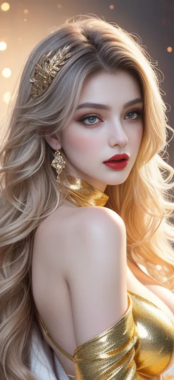 full body portrait of a beautiful ethereal woman, her very long gold hair cascading down in soft waves, framing a face of extrem...