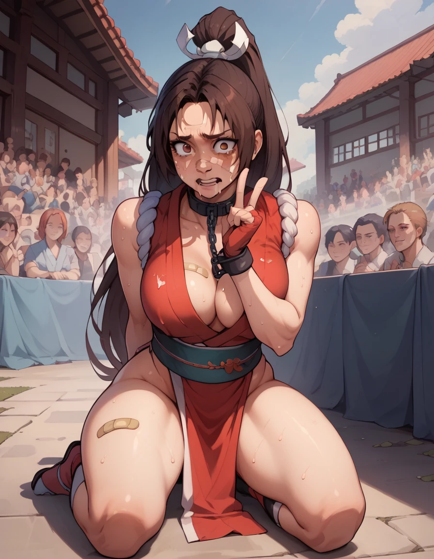 mai shiranui,, 、score_9, score_8_upper, score_7_upper, score_6_upper, score_5_upper, score_4_upper、Inspired by Japanese manga style, Manga style, How to draw manga, Digital drawing, An 8K masterpiece depicting a Japanese manga about girls in their twenties, Act as a slave, Anguished expression, A gesture of defeat, Torn clothes and black jilbab, Chained collar, spread, . Surrounded by a crowd of women. Face full of scars、Skin shiny with sweat、、 crying wet bursting out eyes, , ultra-detailed eyes,,expression of despair,Illumination that emphasizes shiny sweat{{{Spread }}},Infuriated, bandaid on face,tatteredclothing、full body,
.  Teary-eyed、Heartbroken、sniffle、downcast