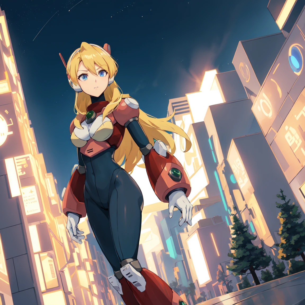 alia_megamanx, 1girl, solo, breasts, blue eyes, blonde hair, android, long hair, robot ears, high quality, masterpiece, standing on a moonlit background with city in sky background