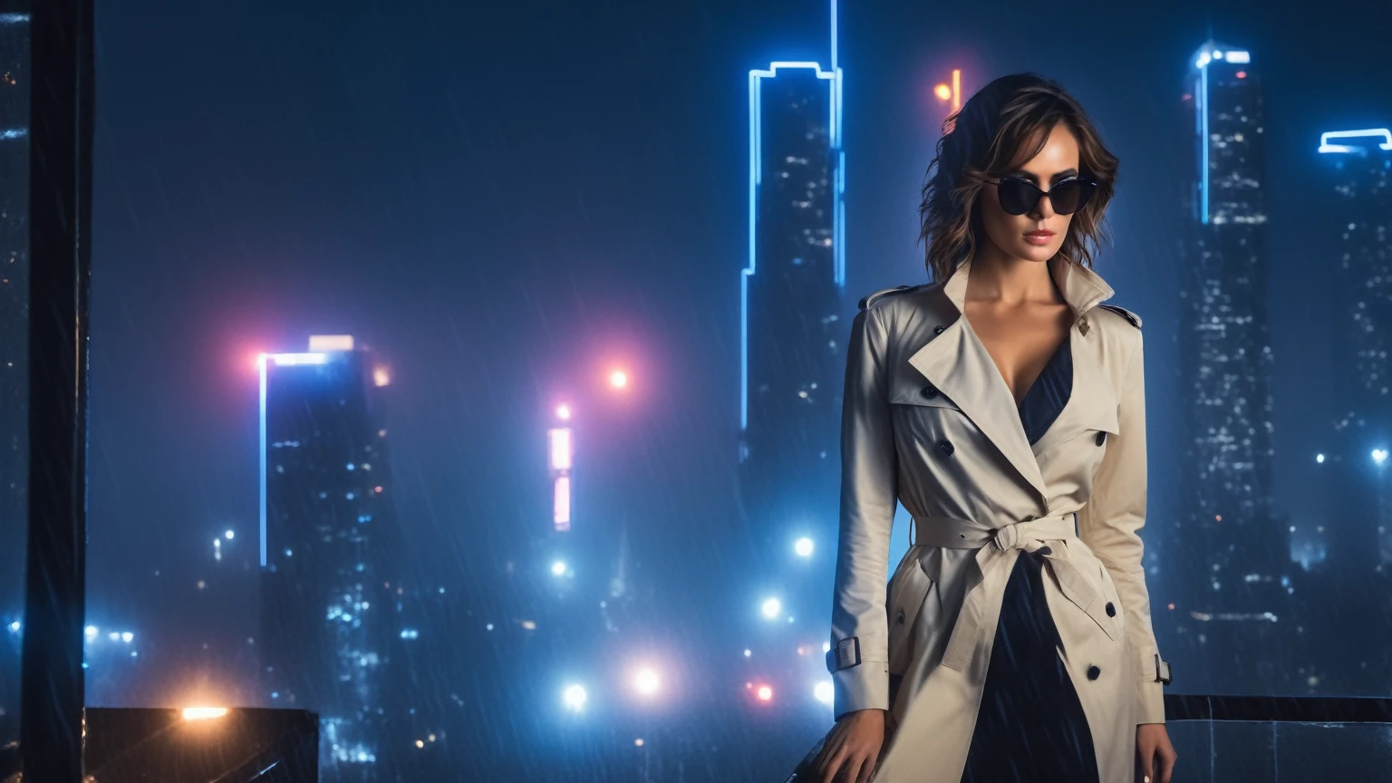 (Hyper-realistic photograph:1.4), Captivating scene under the rain at night on a rooftop, a sexy slim woman, large breast cleavage, with short brown hair, three-quarters view, Black trench coat, (black sunglasses, holding a short gun), with a dark rainy city landscape in background, blue eyes, photography style, (half-body shot:1.3), (contemplative expression:1.2),(well-lit:1.2) Extremely Realistic, serendipity art, (sharp focus:1.3), intricate details, highly detailed, by God himself, original shot, masterpiece, detailed and intricate, Movie Still, guttojugg1