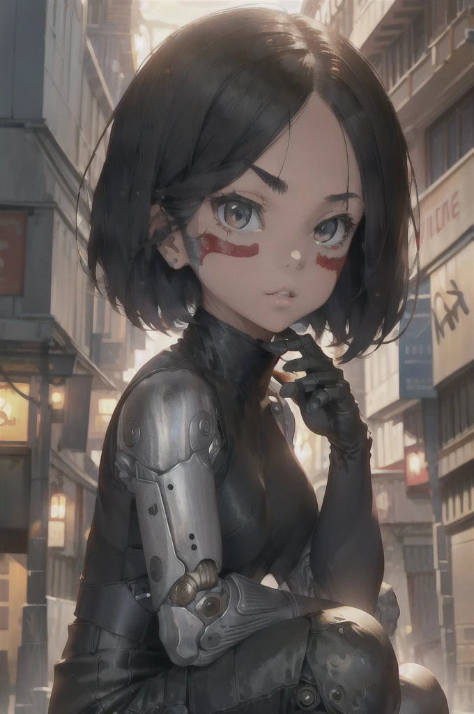 1girl, (masterpiece:1.3), high resolution), (8K), (extremely detailed), (4k), (pixiv), perfect face, nice eyes and face, (best quality), (super detailed), detailed face and eyes, (solo), textured skin, absurdres, highres, gallywz, red facepaint, bare shoulders, mechanical arms,(mechanical hands:1.1),  robot, facial mark, (bodysuit), (pants) ,cyberpunk, brown eyes, black hair, short hair, looking at viewer, squatting, city lights, cityscape,