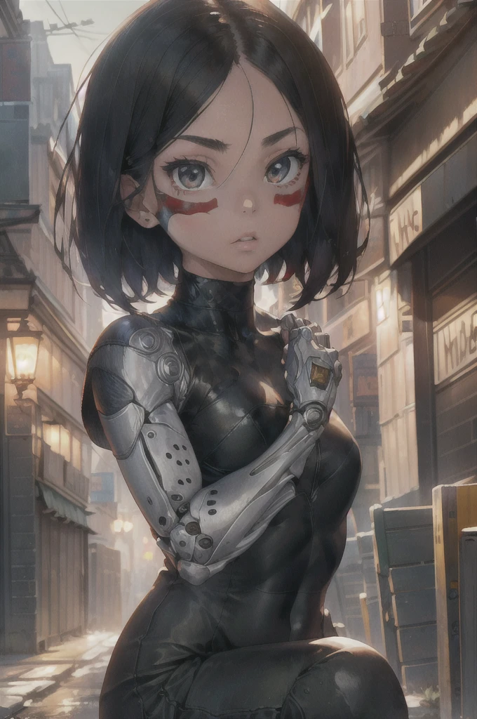 1girl, (masterpiece:1.3), high resolution), (8K), (extremely detailed), (4k), (pixiv), perfect face, nice eyes and face, (best quality), (super detailed), detailed face and eyes, (solo), textured skin, absurdres, highres, gallywz, red facepaint, bare shoulders, mechanical arms,(mechanical hands:1.1),  robot, facial mark, (bodysuit), (pants) ,cyberpunk, brown eyes, black hair, short hair, looking at viewer, squatting, city lights, cityscape,