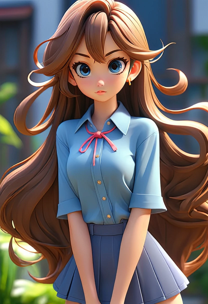 Anime girl with long hair and a blue shirt posing for a photo, Realistic Anime 3D Style, 3D Anime Real, Photorealistic Animation, Photorealistic Animation girl render, Smooth anime CG art, Anime Styled 3d, Realistic anime art style, Anime realism style, Anime Style. 8k, Realistic young anime girl, Cute 3D anime girl render