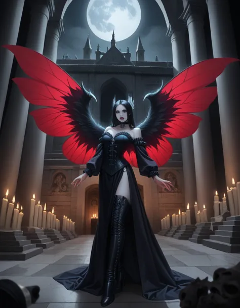 a gothic fairy with a beautiful figure stands elegantly before an ancient stone cathedral, her raven-black hair cascading down h...