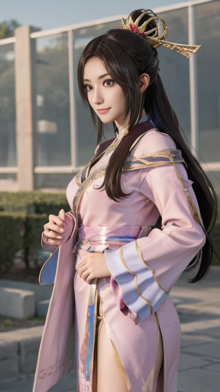 Diaochan from Sangoku Musou 8,Super realistic,hair ornaments,Perfect Diaochan costume,twin tailasterpiece、1 cute girl、17 year old high school student、smile,fine eyes、puffy eyes、bright outdoors,Bright downtown、highest quality, 超High resolution, (reality: 1.4), movie lighting、Japanese、asian beauty、Korean、super beautiful、beautiful skin、body facing forward、whole body,Upper body、(超reality的な)、(High resolution)、(8k)、(very detailed)、(美しくfine eyes)、(Super detailed)、 (wall-)、detailed face、bright lighting、professional lighting、looking at the viewer、look straight ahead、slanted bangs、brown hair、Nogizaka Idol、