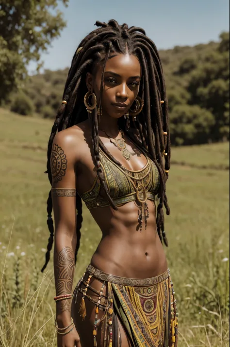 a woman with dreadlocks and tattoos posing in a field, dreadlocks with beads, stunning african princess,  she has olive brown sk...