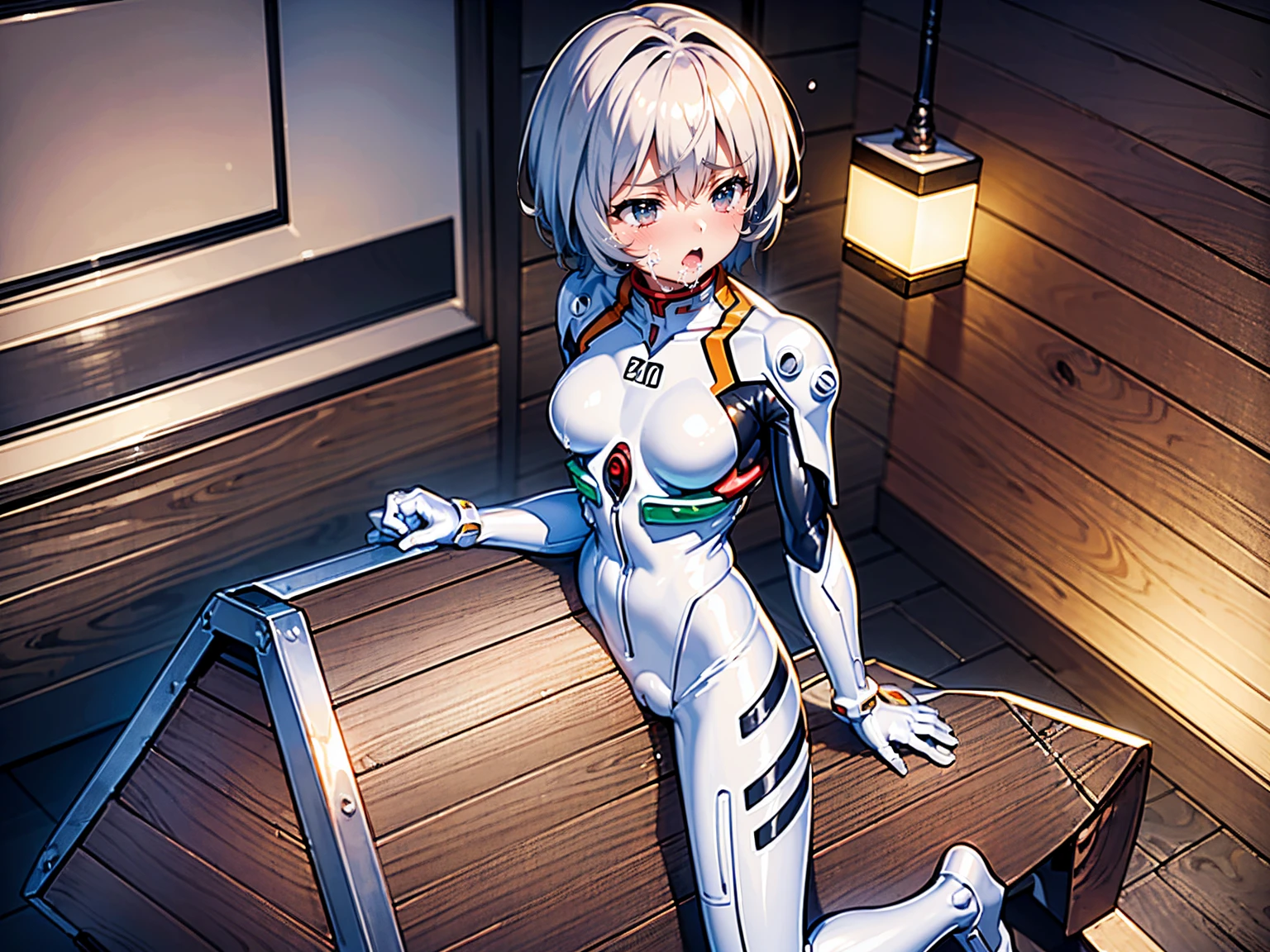 ((Highest quality, 8k wallpaper)),(masterpiece, Highest quality),Very detailed,High resolution,(Official Art:1.3),(((Anime screenshots,Black outline))),One girl,alone, Break mer1,(Rei Ayanami {neon genesis evangelion,}1.2),masterpiece, best quality, outdoor, 1girl, Solo,red eyes,short hair,blue hair, (White plug suit, skintight:1.4), (Mass sweat:1.6),(wince, ache, surprised, crying shout, Pain, Cry, tears, fear, forced orgasm,close one eye:1.7), (((Straddle the wooden horse, wooden horse between inner thigh:1.8))), (arms behind backs, Bondage, gag, rope,shibari over clothes,rope,bound:1.4),(trembling effect motion lines with sexual climax,vomiting cum, tears:1.5),