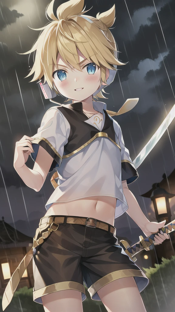 10 year old boy, Kagamine Len, cute, cowboy shot, over small crop top, shorts, necktie, earphone, parted lips, light blush, holding a medieval style sword in a rainy dark night, confidently smiling, serious