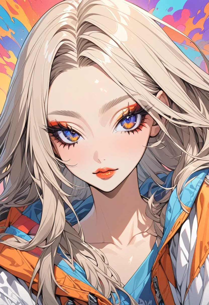 (((pop)))、1990s、((Colorful background)(Highest quality,Super detailed,High resolution:1.2),beautiful woman with perfect face,very_Long eyelashes, Detailed lips, Cool look, Soft Skin, Shiny Hair,Exquisite makeup,Heavy bangs，Red and gold odd eyes，Oversized clothing