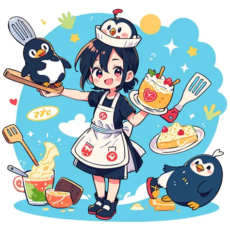 cute cartoon penguin wearing a chef's hat and apron, holding a spatula, vector style, vibrant colors, simple shapes, white backg...