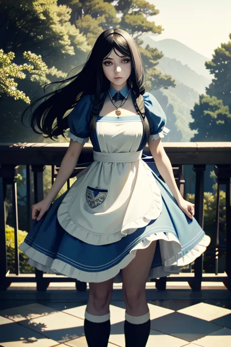 alicehorror, 1 girl, standing alone, striped, thicc thighs, cosplay, striped thicc thighs, bblack hair, alice (alice in wonderla...