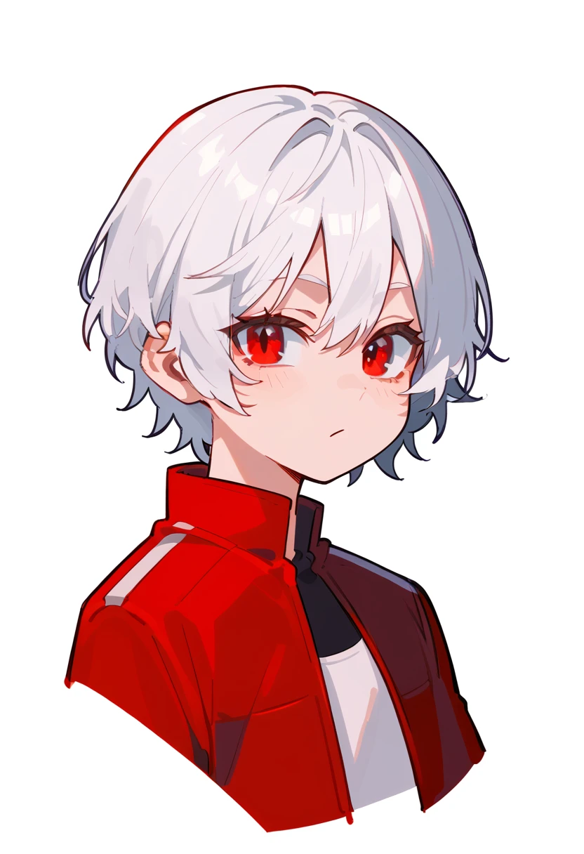 score_9, score_8_up, score_7_up, score_6_up, score_5_up, score_4_up, show accurate, (((portrait))), (solo), femboy, white background, white hair, short hair, red eyes, red jacket,