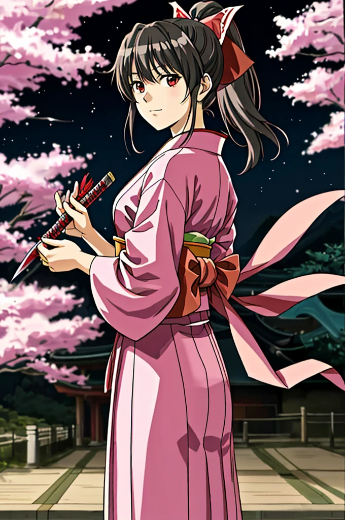 Highest quality，（anime_Sakura Shinguji），Kosuke Fujishima，（smug face），Sharp Eye， (日Book刀)，Shrine maiden，kimono，（Starry Sky_background），Young Girl， ４K，alone, whole body，（pink_coat），Red long skirt，Red_ribbon，（Black Hair），ponytail，（５Book_refer to）, Hyper Detail