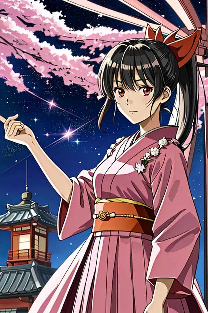 Highest quality，（anime_Sakura Shinguji），Kosuke Fujishima，（smug face），Sharp Eye， (日Book刀)，Shrine maiden，kimono，（Starry Sky_background），Young Girl， ４K，alone, whole body，（pink_coat），Red long skirt，Red_ribbon，（Black Hair），ponytail，（５Book_refer to）, Hyper Detail