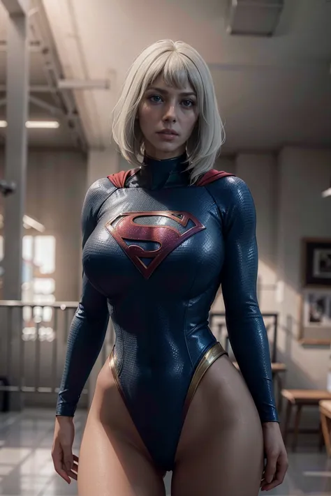 a beautiful girl with short white hair, wearing a tight supergirl costume with long sleeves, huge breasts,perfect body,wide hips...