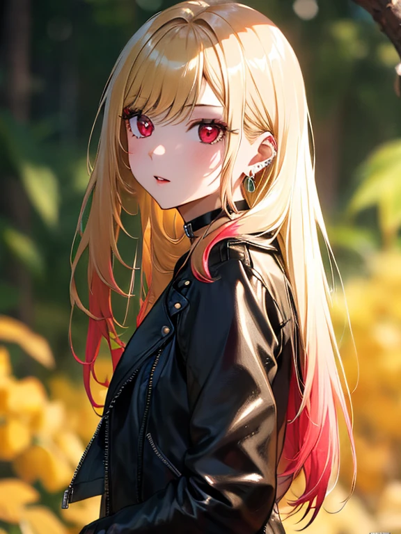 Black Leather Jacket, kitagawa marin, One girl, Blonde Hair, Long Hair, Multicolored Hair, Red eyes, jewelry, Earrings, Earrings, Black choker, 超High resolution, retina, masterpiece, Accurate, Anatomically correct, Textured skin, Super Detail, Attention to detail, high quality, 最high quality, High resolution, 4K