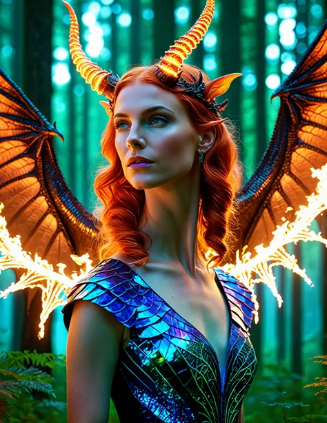 a beautiful girl with flaming hair and wonderful horns in a magical forest, 3d realistic animation, cgi animated fantasy work, r...