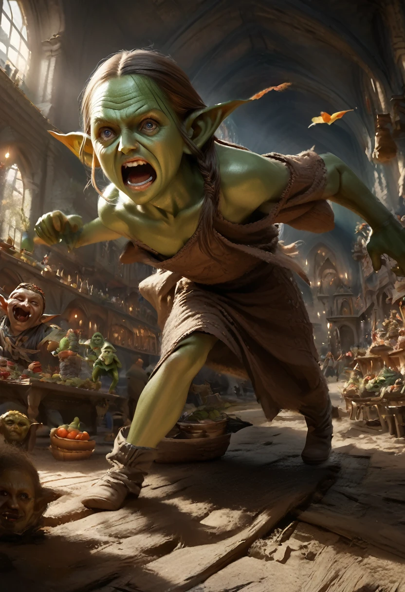 a frightened Emma Watson transforming into a goblin, green skin, fantasy marketplace, loose clothing, highly detailed, 8k, realistic, photorealistic, dramatic lighting, vivid colors, cinematic composition, fantasy, concept art style