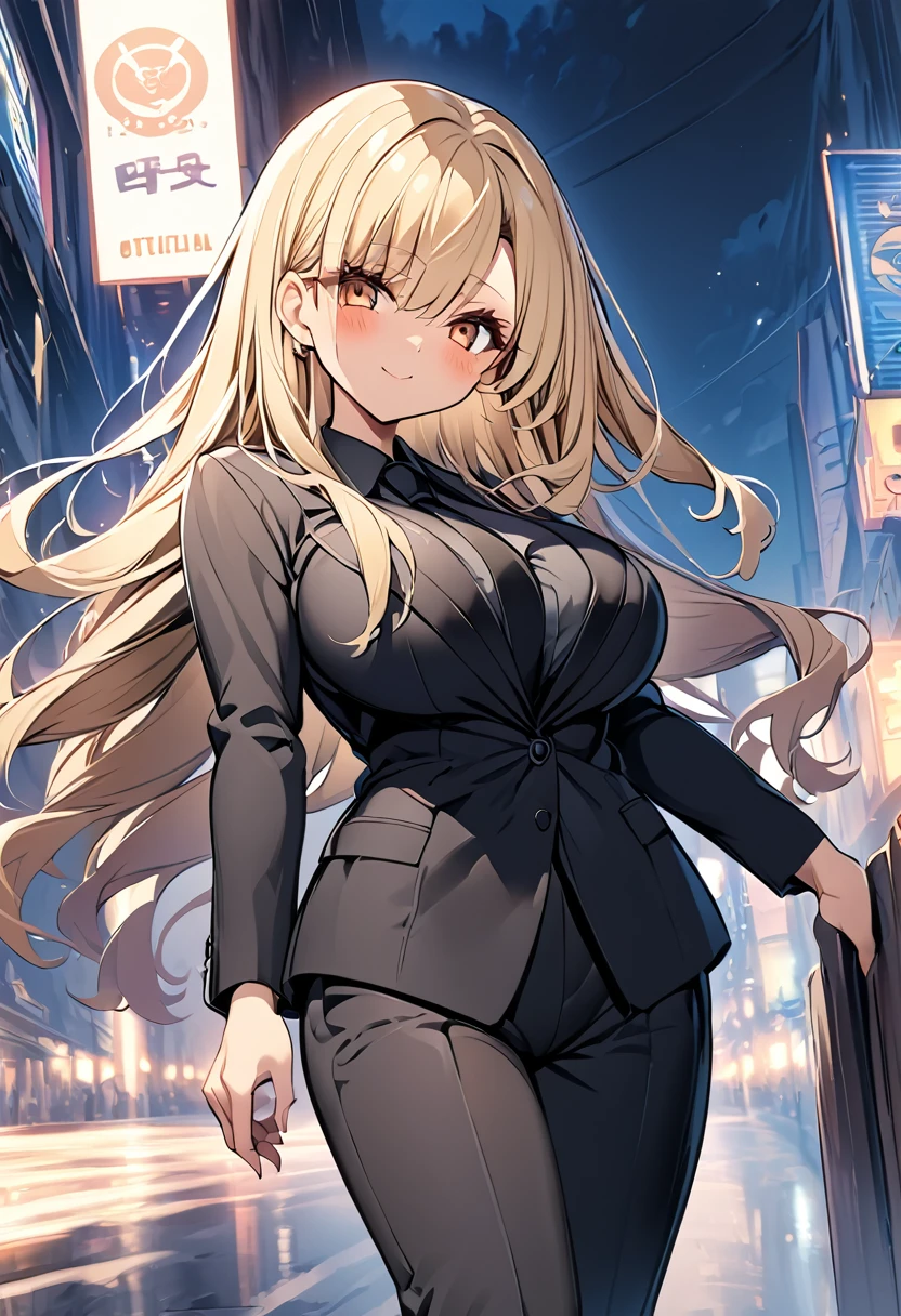 One girl　Cute Girls　Anime Style　Anime Face　Anime Style　Beauty　Big Breasts　Black pants suit　Black colored shirt　Black color tie　Blonde Straight　long hair