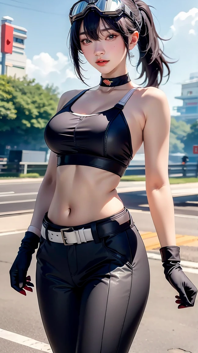 (masterpiece, best quality:1.2), 1girl, solo, Grace Howard, Grace Howard from Zenless Zone Zero, bare shoulders, black choker, black gloves, white gloves, black pants, ((black sports bra)), elbow gloves, ((goggles on head)), looking at viewer, low ponytail, medium breasts, midriff, navel, parted lips, white gloves, zipper, belt
\