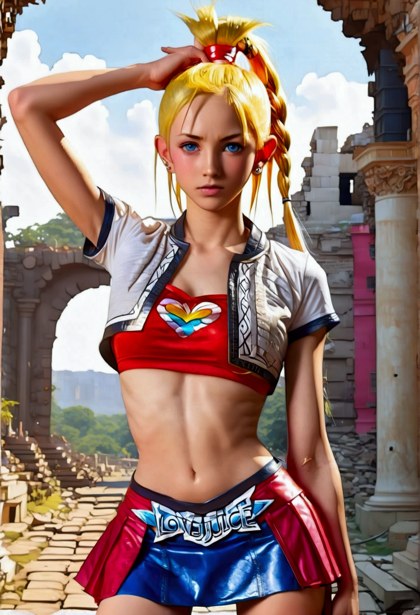 (promotional art), (Whole body view:1.6), (Kid from Chrono Cross), yellow hair in high ponytail braid, sapphire blue eyes, very slender toned frame, lanky thin build, medium-large bust, (very pale white skin:1.3), fierce expression, (love juice leaking from vagina:1.6), BREAK: (red skin tight booty skirt), (high front slit micro skirt:1.4), (3/4 cropped RED short-sleeved jacket:1.2), white crop top under jacket, (shirt clinging to nipples:1.4), BREAK: (hands behind head pose:1.25), ancient technological ruins background 