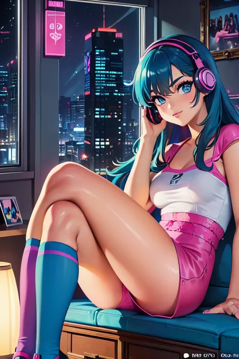 (masterpiece), of the highest quality, expressive eyes, neon pastel aesthetic, retro 90s, color neon,((girl sitting on the couch...