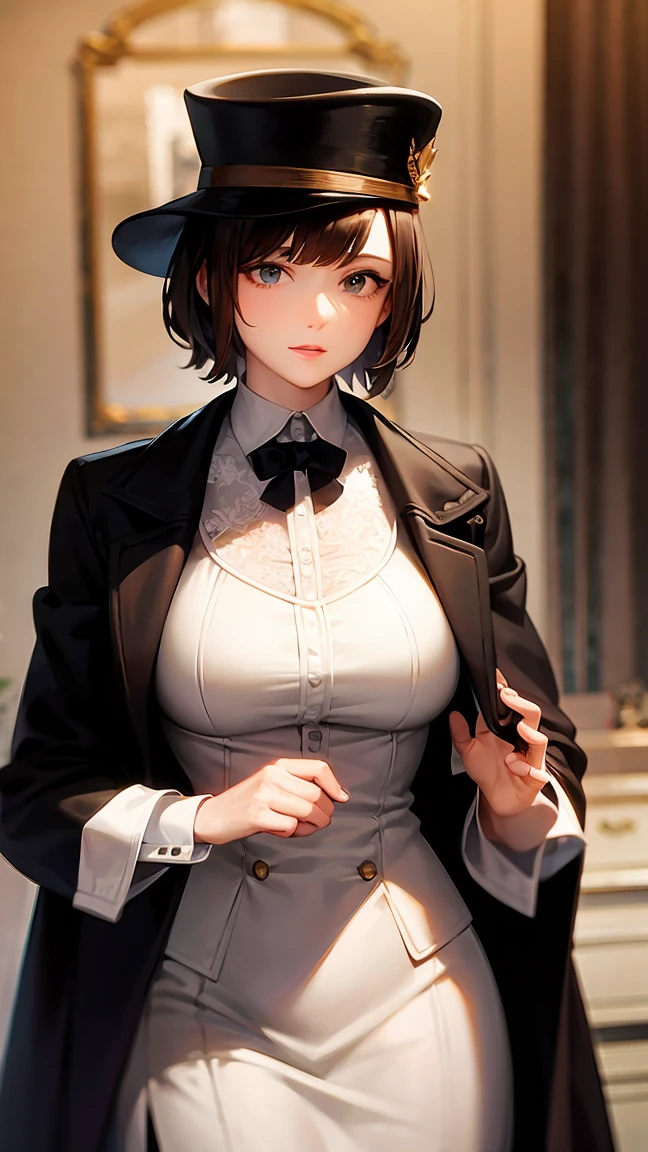 brown hair, short hair, backlighting, masterpiece, accurate, anatomically correct, super detail, award winning, 16k, best quality, high details, high quality, Sherlock Holmes, deerskin hat, Inverness coat, Detective, A beautiful woman dressed in British gentleman style, Britain in the late 19th century