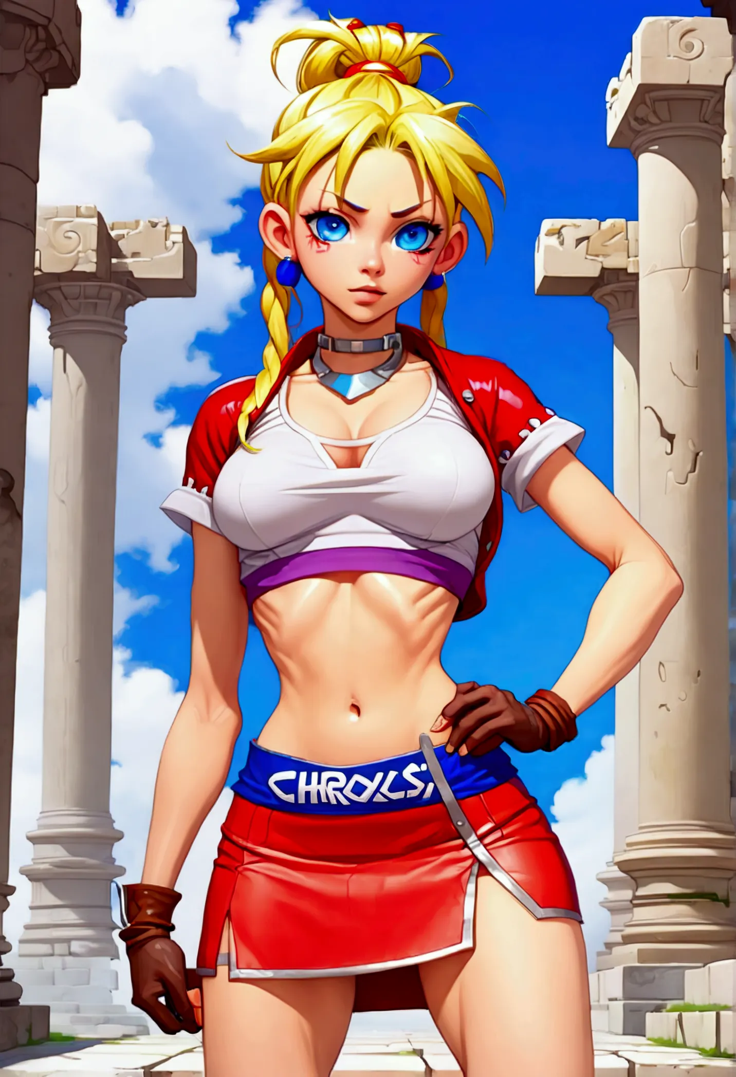 (promotional art), (whole body view:1.6), (kid from chrono cross), yellow hair in high ponytail braid, sapphire blue eyes, very ...